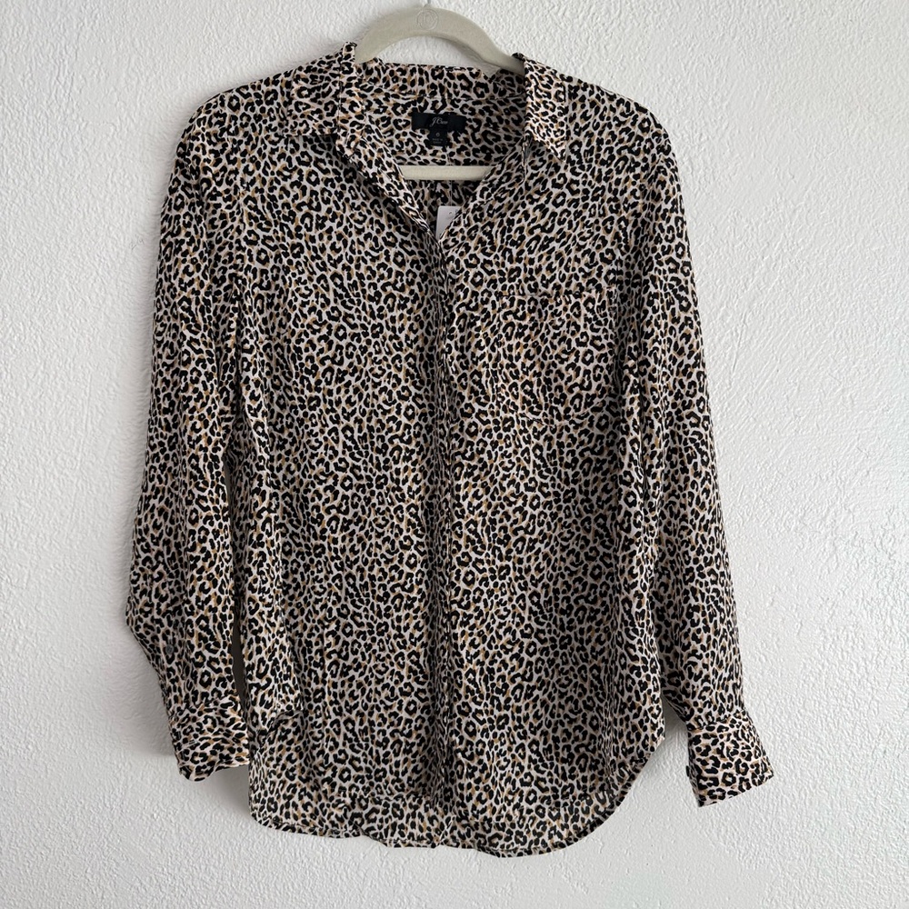 J Crew 100% Silk Button-Up Shirt Women’s 6  Leopard Animal Print Blouse Workwear